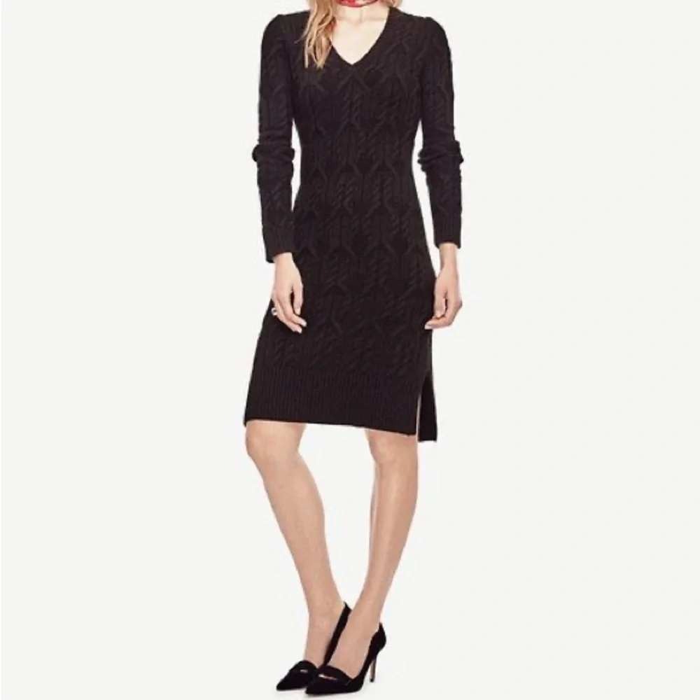 Ann Taylor Cable Knit Sweater Dress Women Size M Black Alpaca Wool V-Neck Work